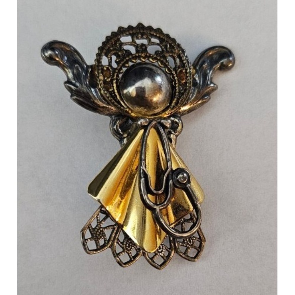 Vintage Kat's Creations Guardian Angel Halo Brooch Silver Gold Tone Pin